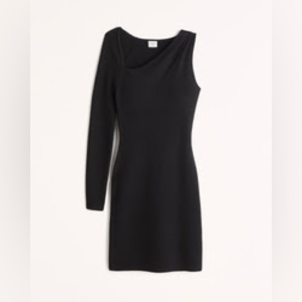 Long-Sleeve One-Shoulder Mini Sweater Dress in Black